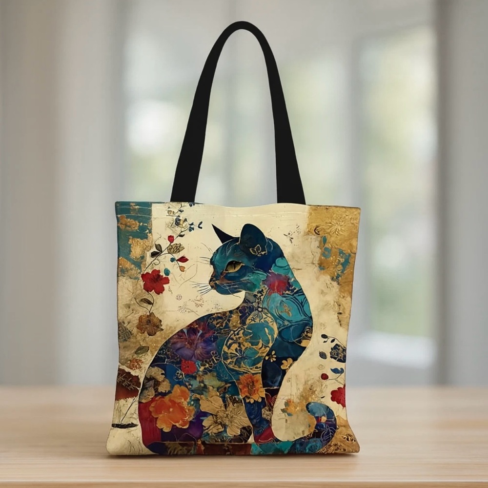 Floral Boho Cat Canvas Tote Bag, Reusable Shopping Bag Colorful Floral Cat Print